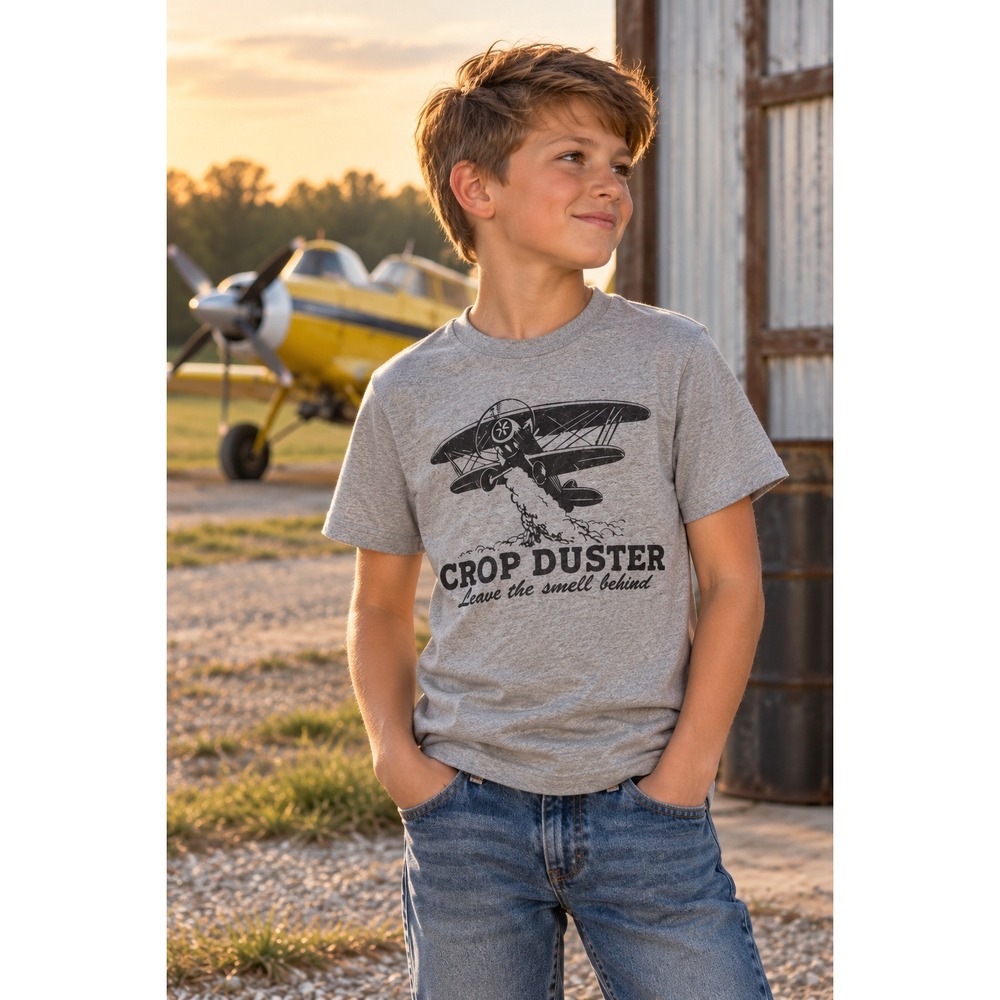 Gildan Crop Duster Biplane Graphic T-Shirt Size Small Gray Kids Aviation Tee